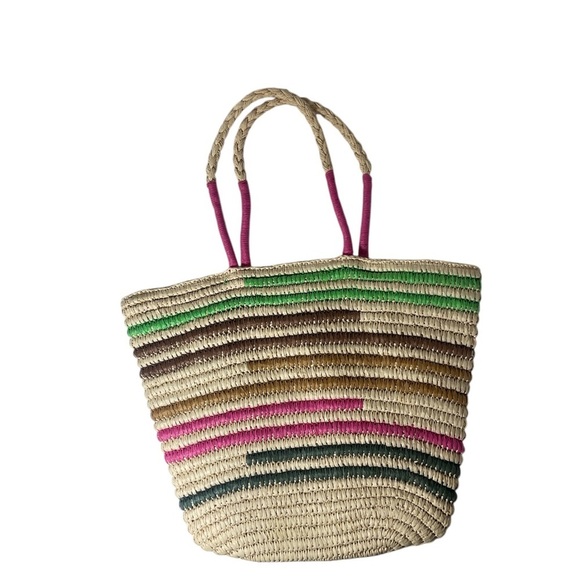 Handbags - Striped Multicolor Woven Tote Bag